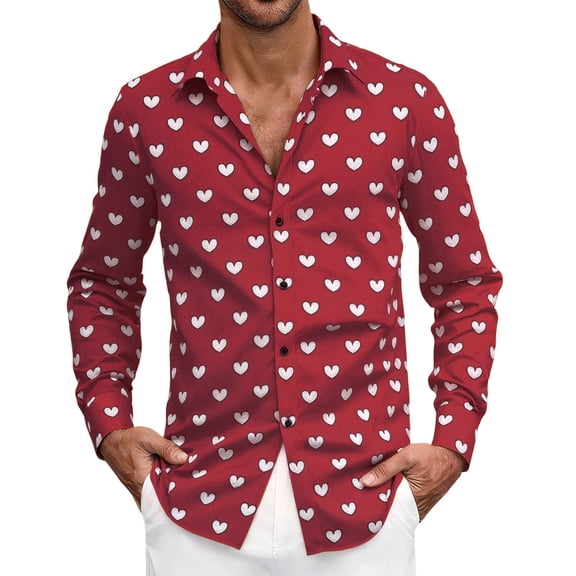 Mens Long Sleeve Button Down Shirts Valentine's Day Heart Print Long Sleeve Shirt for Men Modern Casual Comfortable Fit Soft Breathable Button Down Top Men's Shirts XXL