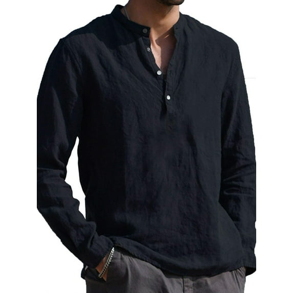 Mens Long Sleeve Button T Shirts Casual Plain Pullover Tops Loose Basic Tee