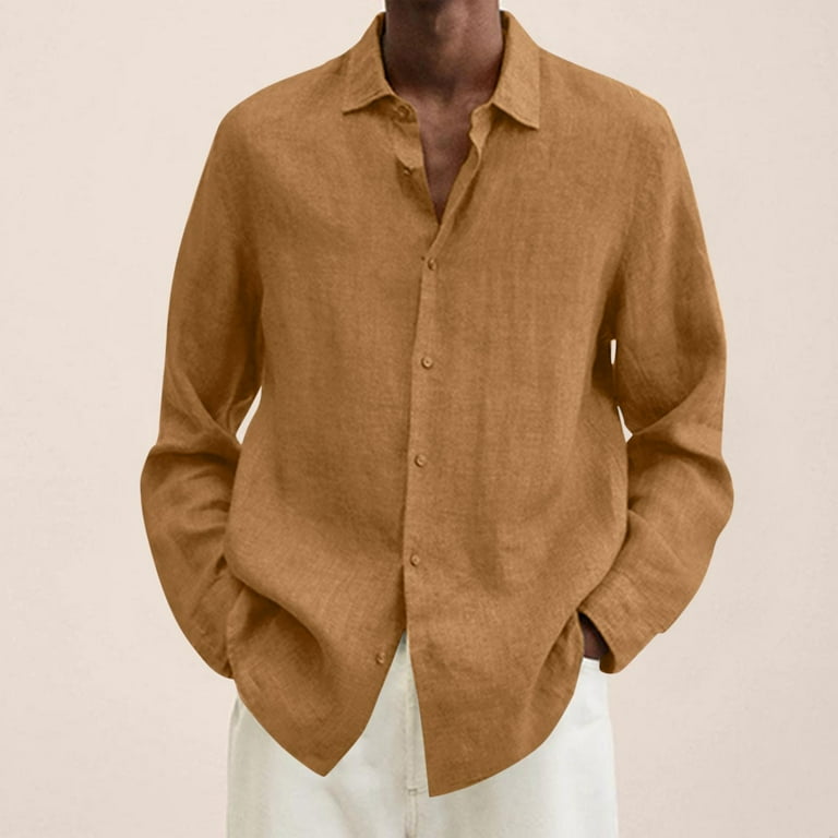 Mens Long Sleeve Button Up Linen Shirts Big and Tall Lightweight Summer Casual Pocket Solid Color Beach Shirts Plus Size Men Linen Shirts