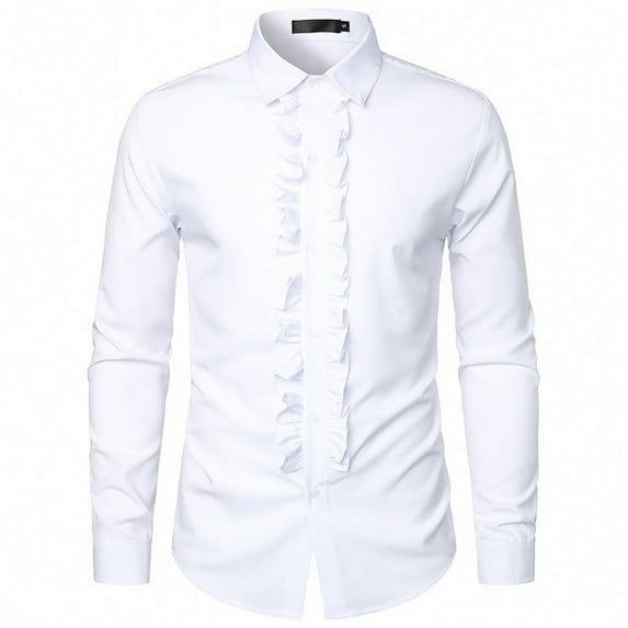 Mens Long Sleeve Button Up Shirt with Ruffles Solid Color Collared Party Outfits Regular-Fit Dressy Blouses (L, White)