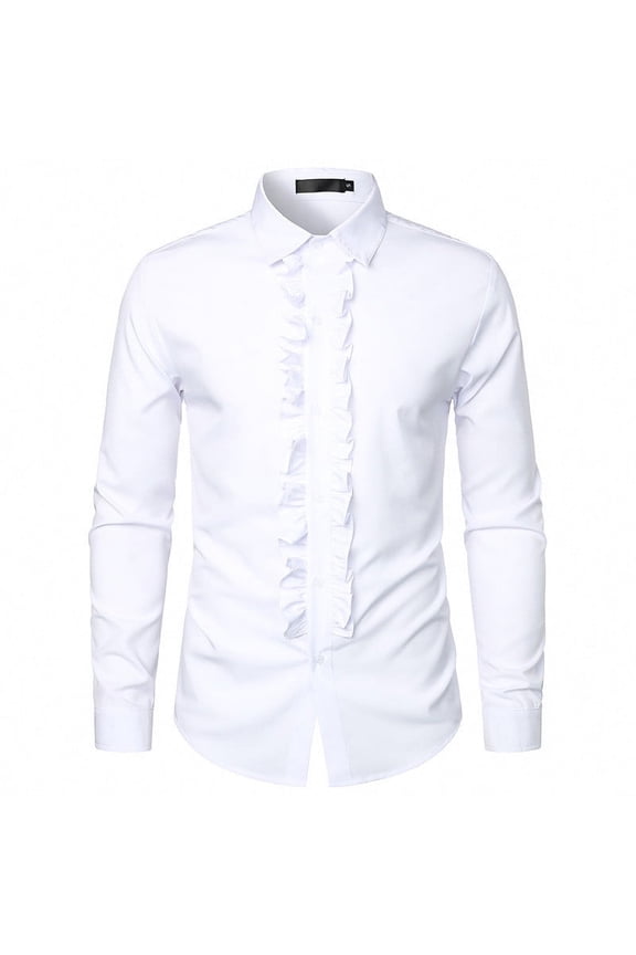 Mens Long Sleeve Button Up Shirt with Ruffles Solid Color Collared Party Outfits Regular-Fit Dressy Blouses (XL, White)