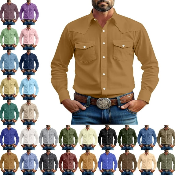 Mens Long Sleeve Button Up Shirts Fashionable Solid Color Casual Long Sleeve Turndown Collar Blouse Shirt Slim Fit Casual Business Formal Dress Shirt