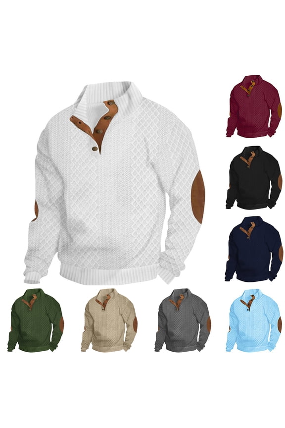 Mens Long Sleeve Cable Knit Pullover with Quarter Button Front and Brown Leather Elbow Guards Black 3XL