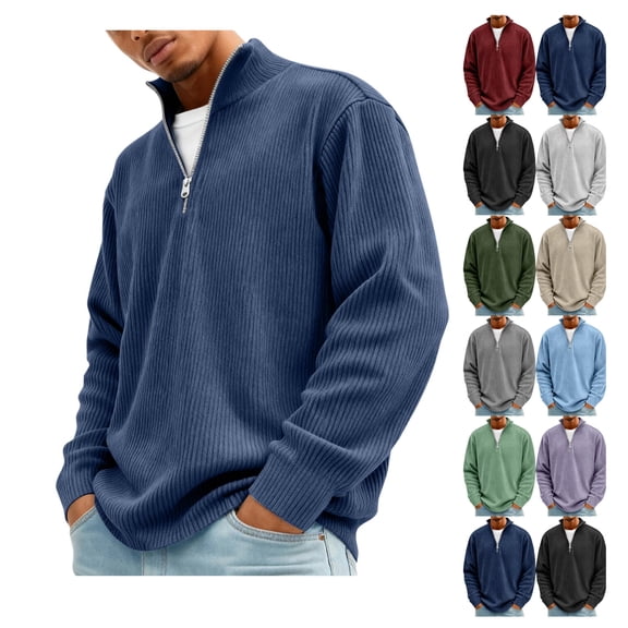 Mens Long Sleeve Corduroy Pullover Quarter Zip Mock Neck Sweatshirt Casual Loose Fit Sky Blue 2XL