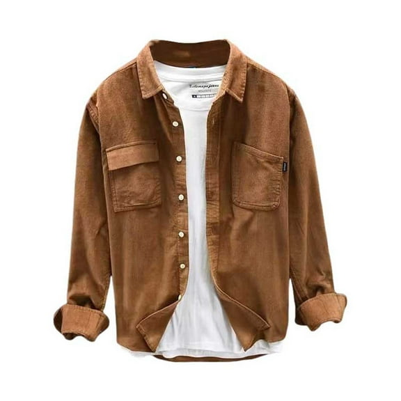 Mens Long Sleeve Corduroy Shirt Button Down Casual Jacket Soft Warm Trucker Shirt Lapel Autumn Coats Tops with Pockets Plain Stylish Comfortable Mens Casual Crew Neck Basic Tees