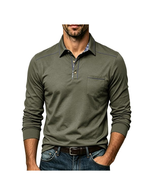 Mens Long Sleeve Cotton Knit Polo Shirt with Pocket, Regular Fit Casual Work Top,Size 2XL
