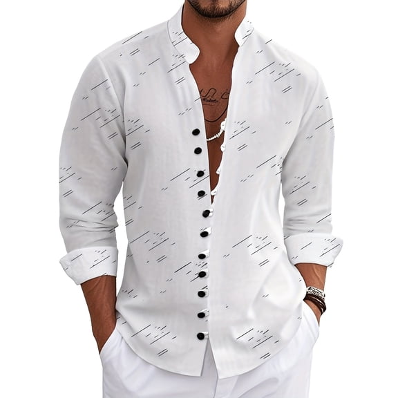 Mens Long Sleeve Cotton Linen Shirt Button Down Blouses Loose fit Vintage Shirts Banded Collar high Elastic Tops White A XL