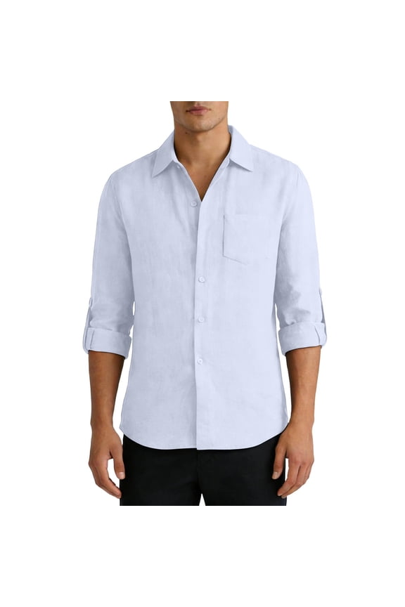 Mens Long Sleeve Cotton Linen Shirts Button Down Breathable Cool Business Casul Tops with Pocket Dad Gifts