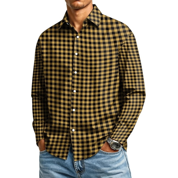 Mens Long Sleeve Dress Shirt Lapel Button Down Plaid Tee Stain Resistant Casual Work Tops