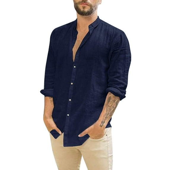 Mens Long Sleeve Dress Shirt Solid Color Classic Point Collar Button Up Tops Relaxed Fit Casual Summer Beach Shirts,Navy,L
