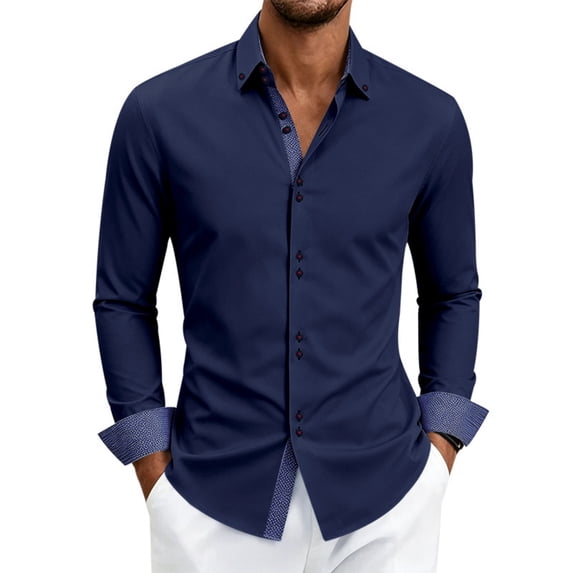 Mens Long Sleeve Dress Shirts, Polyester Stretch Work Shirts, Business Casual Button Down Blouse with Double Button Cuffs Navy S