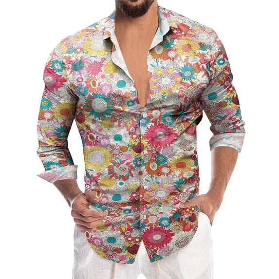 Mens Long Sleeve Floral Print Button Down Shirt Business Casual Leisure Hem Button Up Dressy Tops for Men