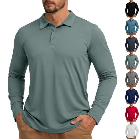 Mens Long Sleeve Golf Shirts 3 Button Collared Performance Shirt Lightweight Quick Dry Stretch Top for Golf Work Office,L,Green