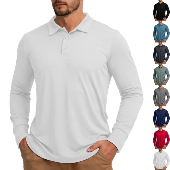 Mens Long Sleeve Golf Shirts 3 Button Collared Performance Shirt Lightweight Quick Dry Stretch Top for Golf Work Office,XXL,White