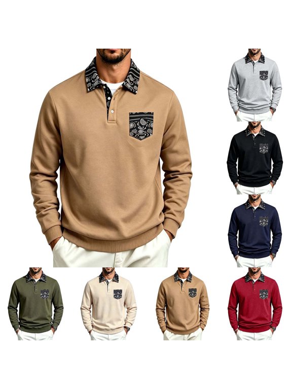 Mens Long Sleeve Golf Shirts Paisley Print Collar Pocket Golf Casual Preppy Fall Pullover Tops