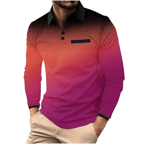Mens Long Sleeve Golf Shirts with Button Collared T-Shirts Casual Pullover Gradient Polka Dot Printed Breathable Lapel Office Work Tshirts Tees Tops
