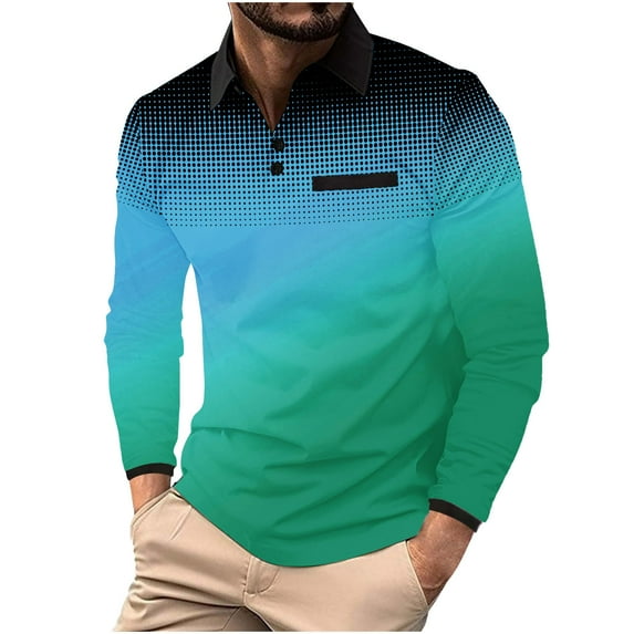 Mens Long Sleeve Golf Shirts with Button Collared T-Shirts Casual Pullover Gradient Polka Dot Printed Breathable Lapel Office Work Tshirts Tees Tops