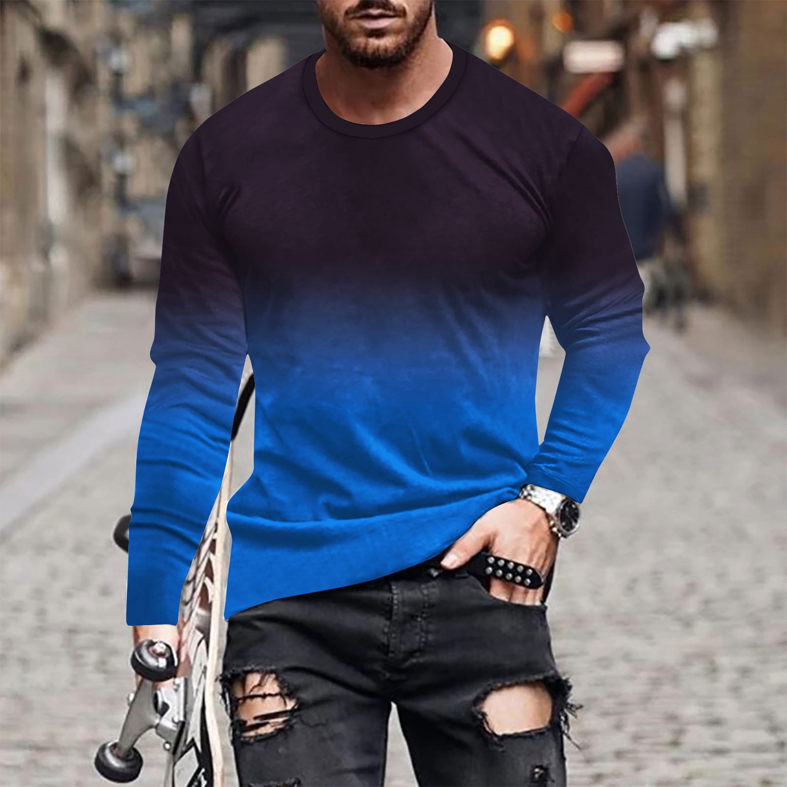 3D Print Tops Mens Long Sleeve Shirts Gradient Trendy Slim Tee Shirt Crew  Neck Blouse Fall Fashion 2024 Pullover Clothing