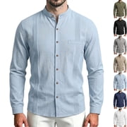Mens Long Sleeve Guayabera Shirt Button Down Pintuck Pleated Cuban Shirts Band Collar with Chest Pocket for Cruise Travel Resort Wear, Light Blue, L