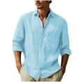 thumbnail image 1 of Men's Linen Shirts Casual Button Down Long Sleeve Shirt Mens Casual Linen Cotton Button Down Long Sleeve Shirts Cuban Camp Guayabera Beach Tops Solid Plain Roll-Up Sleeve Summer Beach Shirts, 1 of 5