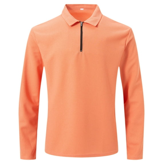 Mens Long Sleeve Half Zip Lapel V Neck Waffle Knit Slim Fit Shirts Solid Formal Trendy Casual Pullover Blouses Orange,L