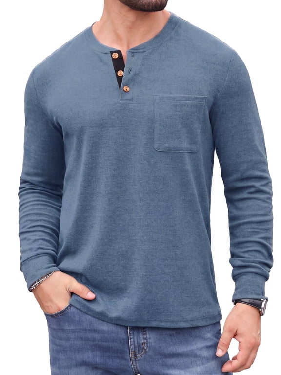 Mens Long Sleeve Henley Shirt Casual Button Neck T Shirt Soft Lightweight Crew Neck Tee with Chest Pocket Blue L