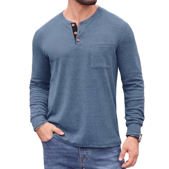 JWD Mens Long Sleeve Henley Shirt Casual Button Neck T Shirt Soft Lightweight Crew Neck Tee with Chest Pocket Blue L