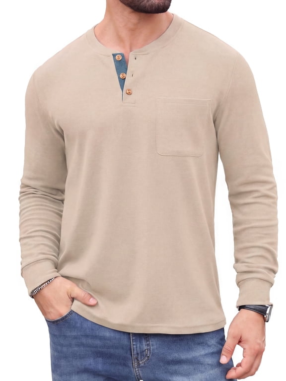 Mens Long Sleeve Henley Shirt Casual Button Neck T Shirt Soft Lightweight Crew Neck Tee with Chest Pocket Gray Khaki XL