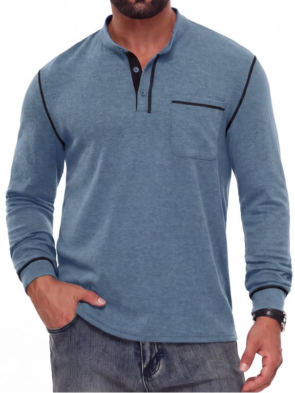 Mens Long Sleeve Henley Shirt Casual Button Neck T Shirt with Chest Pocket Blue L