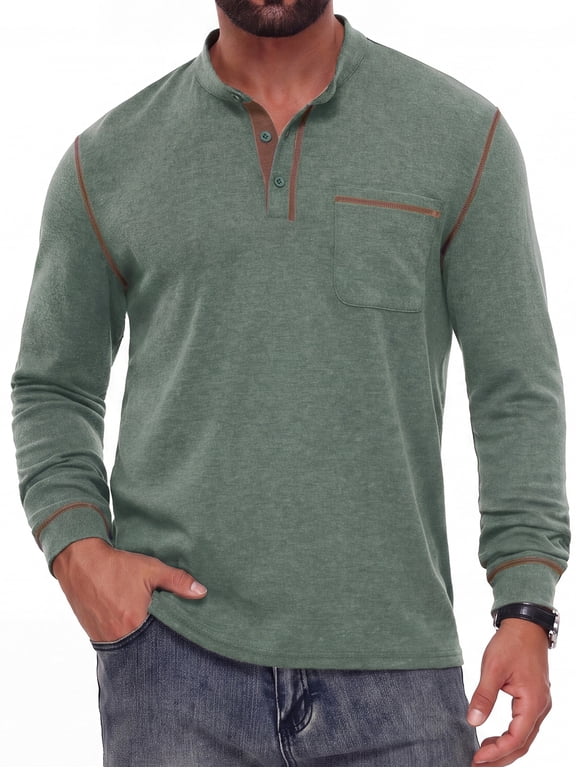 Mens Long Sleeve Henley Shirt Casual Button Neck T Shirt with Chest Pocket Green L