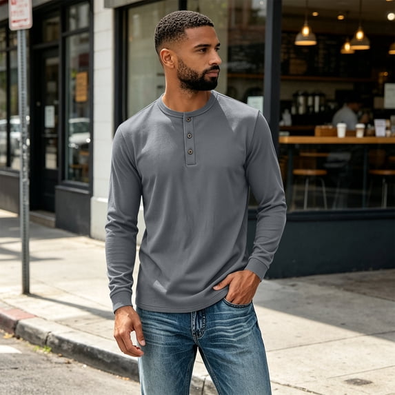Mens Long Sleeve Henley Shirts 3 Button Moisture Wicking Tee Solid Color Soft Basic Casual Tshirt Gray XL
