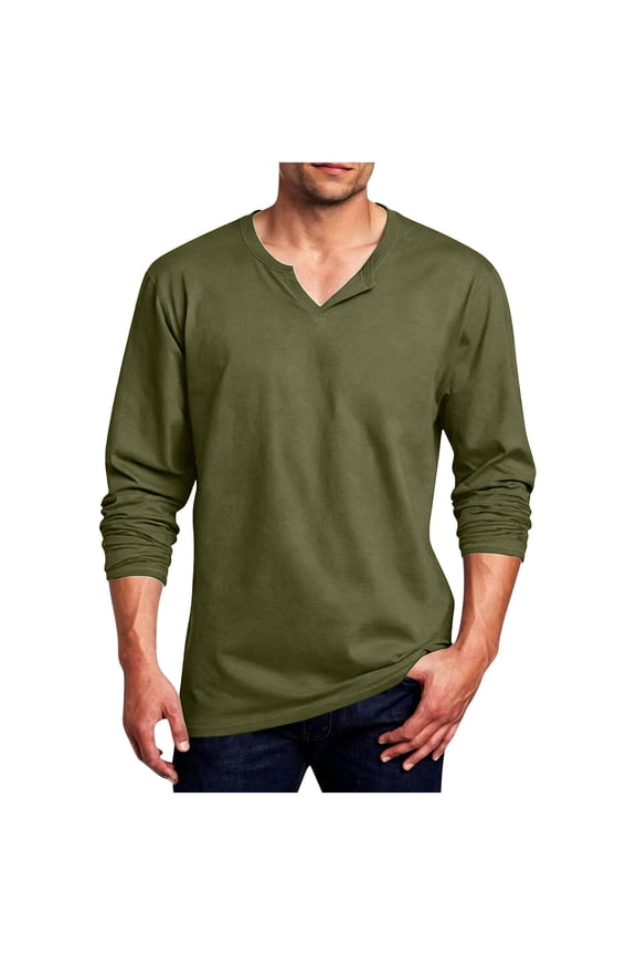 Mens Long Sleeve Henley Shirts Casual Notch V Neck Basic T-Shirts Solid Color Classic Tee Shirts Stylish Loose Fit Pullover Tops