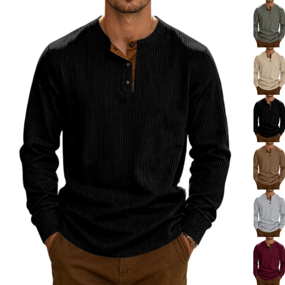 Mens Long Sleeve Henley Shirts Muscle Fit Ribbed Knit T-Shirt Lightweight Thermal Undershirts Workout Athletic Tee Shirt Black XL