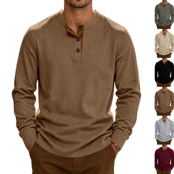 Mens Long Sleeve Henley Shirts Muscle Fit Ribbed Knit T-Shirt Lightweight Thermal Undershirts Workout Athletic Tee Shirt Brown L