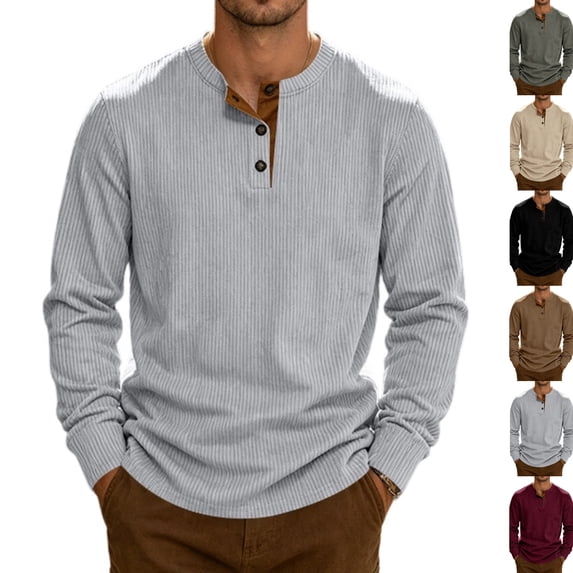 Mens Long Sleeve Henley Shirts Muscle Fit Ribbed Knit T-Shirt Lightweight Thermal Undershirts Workout Athletic Tee Shirt Light Gray XL
