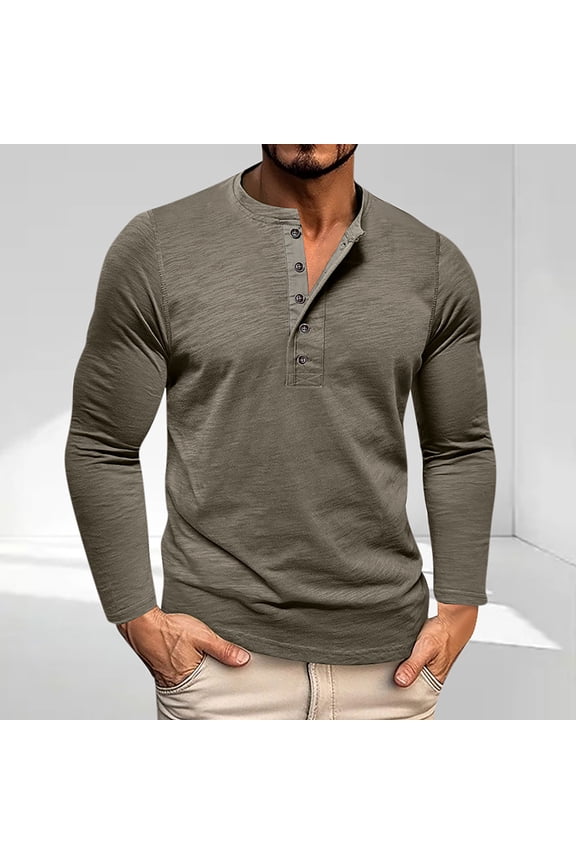 Mens Long Sleeve Henley Shirts Neck Snap Buttons Stand Collar Long Sleeve Fall Winter Sweatshirt Tops Army Green L