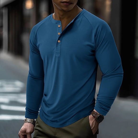 Mens Long Sleeve Henley Shirts Solid Color Casual Breathable Loose Quarter Button Polo Shirt Summer Lightweight Classic Basic Tee Dark Blue XXL