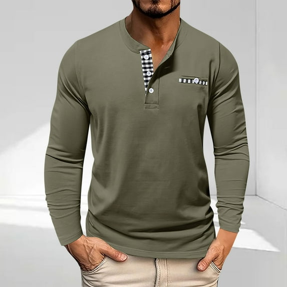 Mens Long Sleeve Henley Shirts Solid Color T-Shirts Casual Tops for Men Button Shirt Army Green M