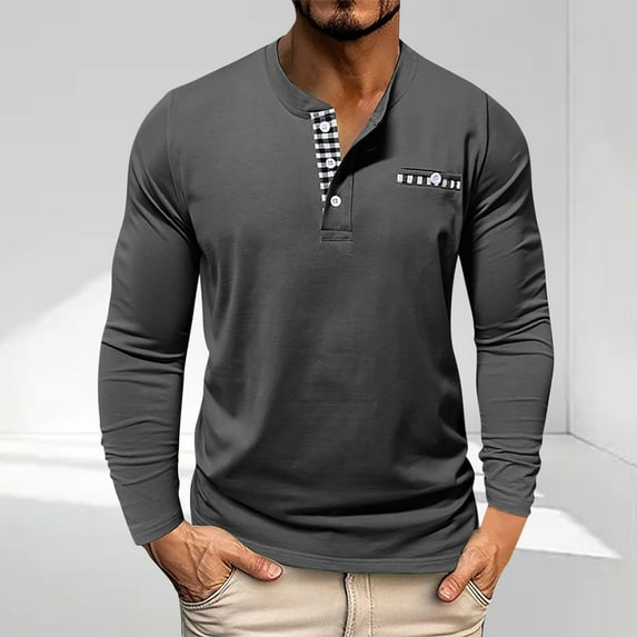 Mens Long Sleeve Henley Shirts Solid Color T-Shirts Casual Tops for Men Button Shirt Black XL