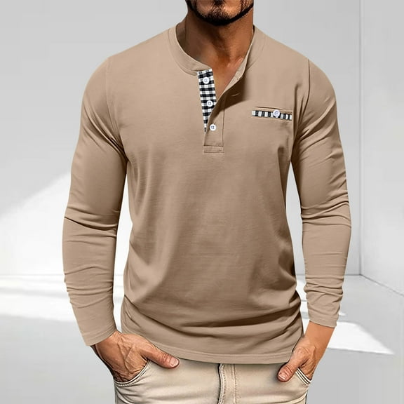 Mens Long Sleeve Henley Shirts Solid Color T-Shirts Casual Tops for Men Button Shirt Khaki XL