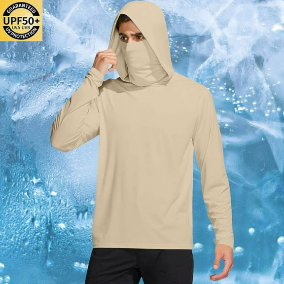 Mens Long Sleeve Hoodies with Mask Lightweight Pullover Sun Protection UV Shirts Unisex Solid Stretchy Slim Hiking T-Shirts Summer