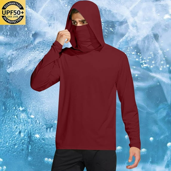 Mens Long Sleeve Hoodies with Mask Lightweight Pullover Sun Protection UV Shirts Unisex Solid Stretchy Slim Hiking T-Shirts Summer