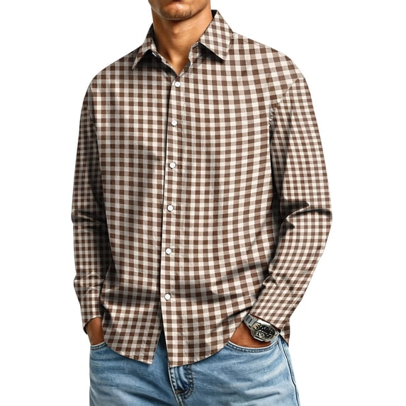 Mens Long Sleeve Lapel Button Down Dress Shirts Plaid Wrinkle Stain Resistant Work Casual Fahiosn Fall Tops