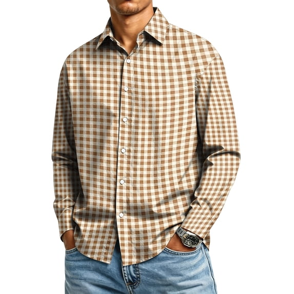 Mens Long Sleeve Lapel Button Down Dress Shirts Plaid Wrinkle Stain Resistant Work Casual Fahiosn Fall Tops