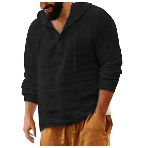 Mens Long Sleeve Linen Hippie Shirts with Hood V Neck Button Up Hooded Sweatshirts Casual Hawaiian Beach Yoga Shirts