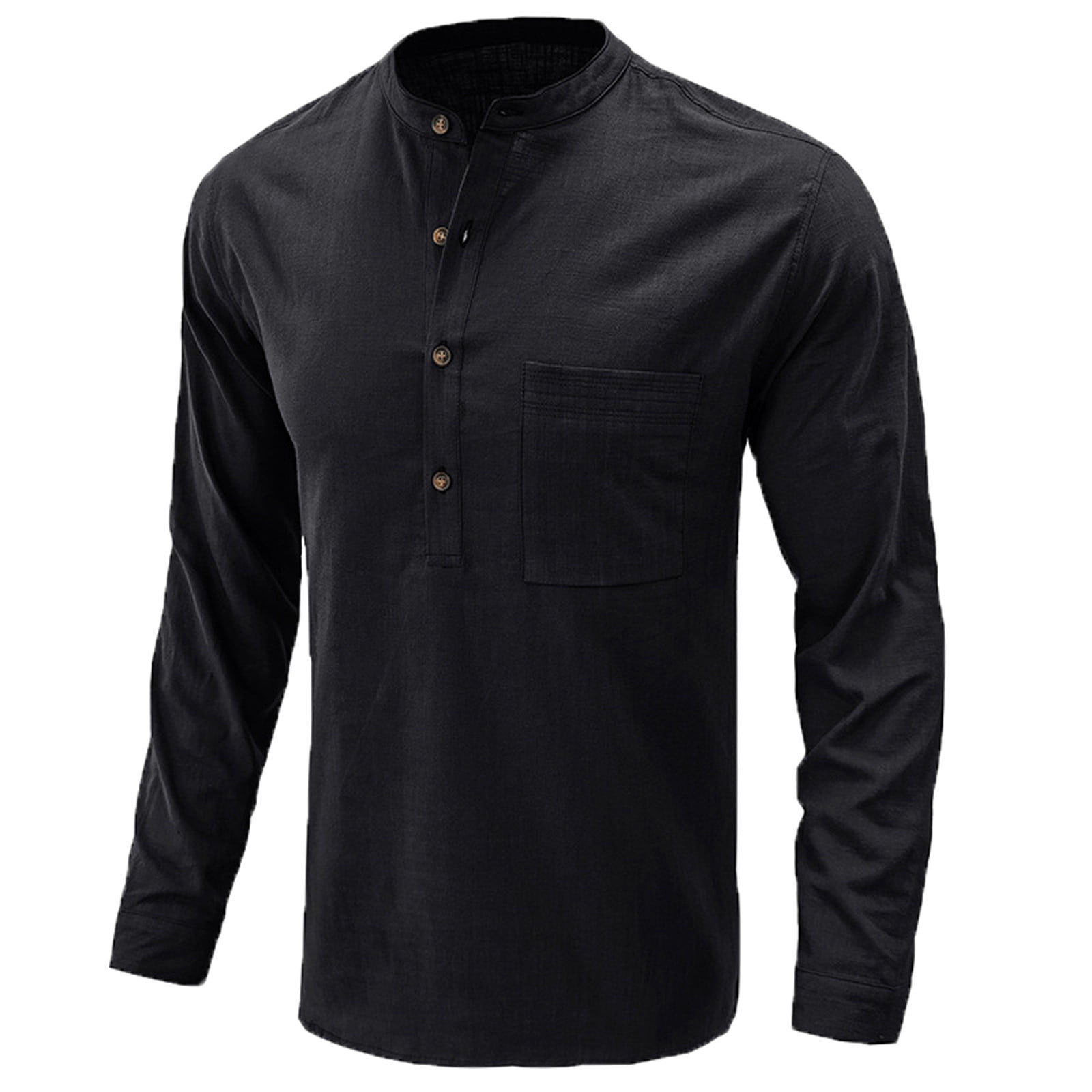 Black linen chinese collar Shirt with chest pocket