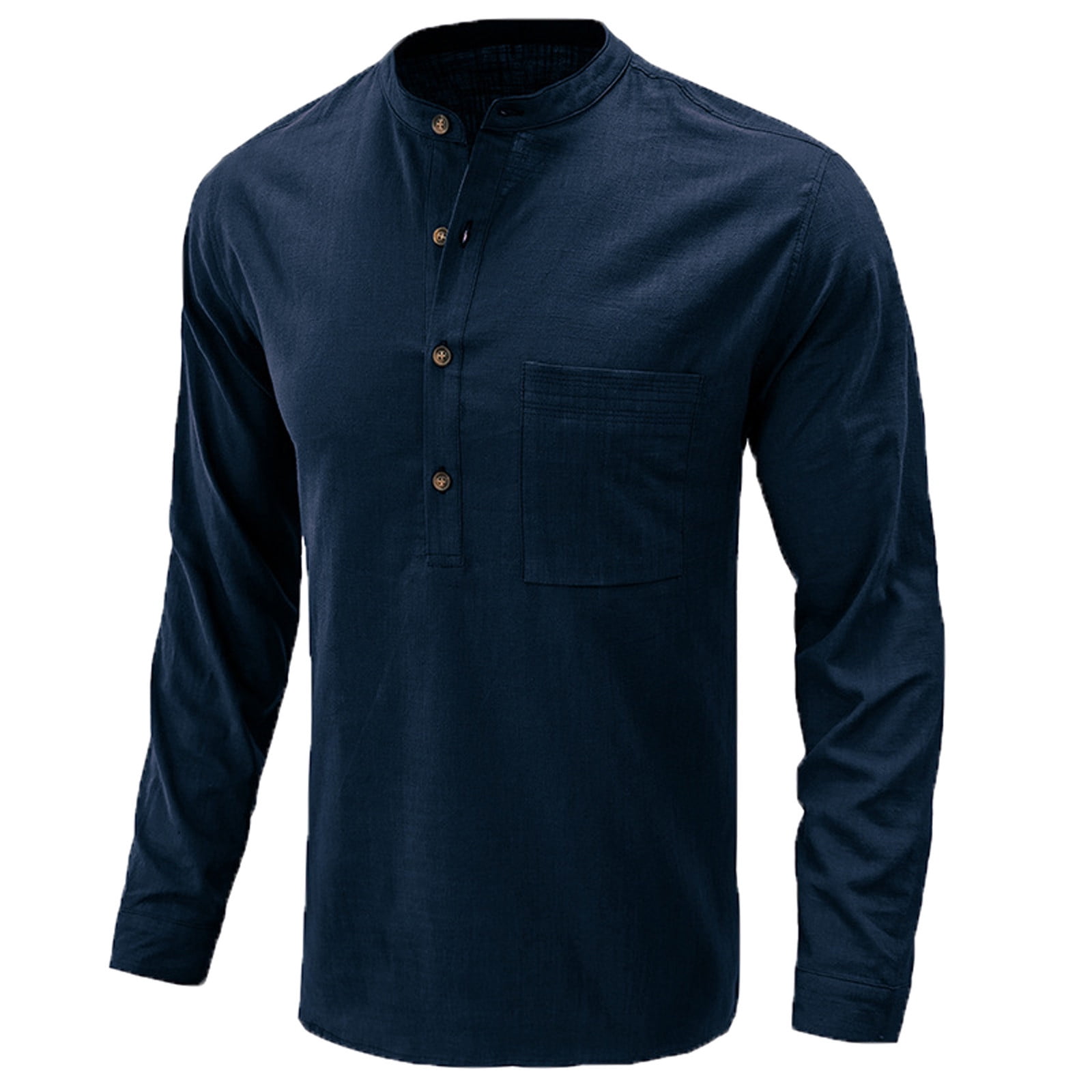 Mens Long Sleeve Linen Shirt 1 2 Button Solid Stand Collar Pullover Dress Shirt Chest Pocket Casual Cozy Tops Walmart