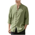 thumbnail image 1 of Mens Long Sleeve Linen Shirt Button Up Loose Fit Vintage Cuban Shirts Banded Collar Henley T-Shirt, 1 of 9