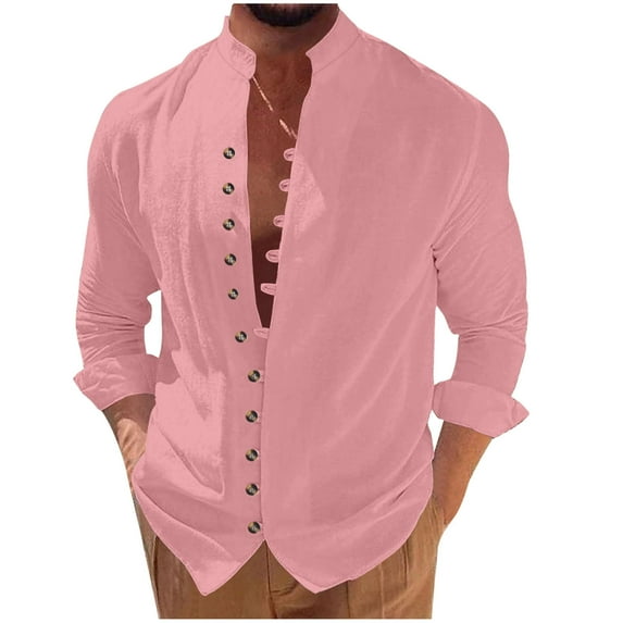 Mens Long Sleeve Linen Shirt Button Up Loose Fit Vintage Shirts Banded Collar High Elastic Tops Henley Shirt, Pink (Small)