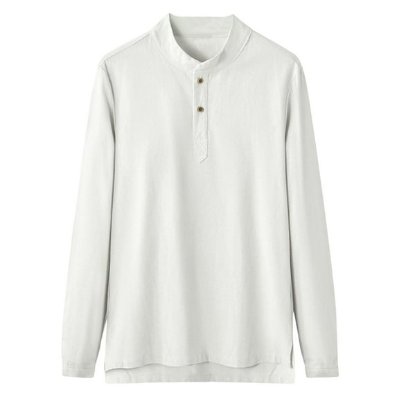 Mens Long Sleeve Linen Shirts Big & Tall Collared Henley Shirt Tops Fashion Dressy Casual Men Tops Trendy Clothes White, XL